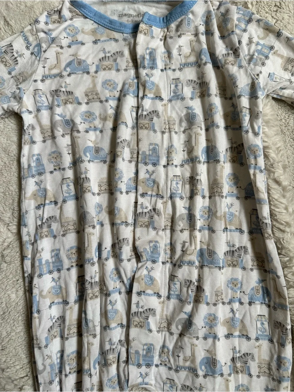 Magnetic Me | Blue and White Taj Express Footie | Size 6-9 months